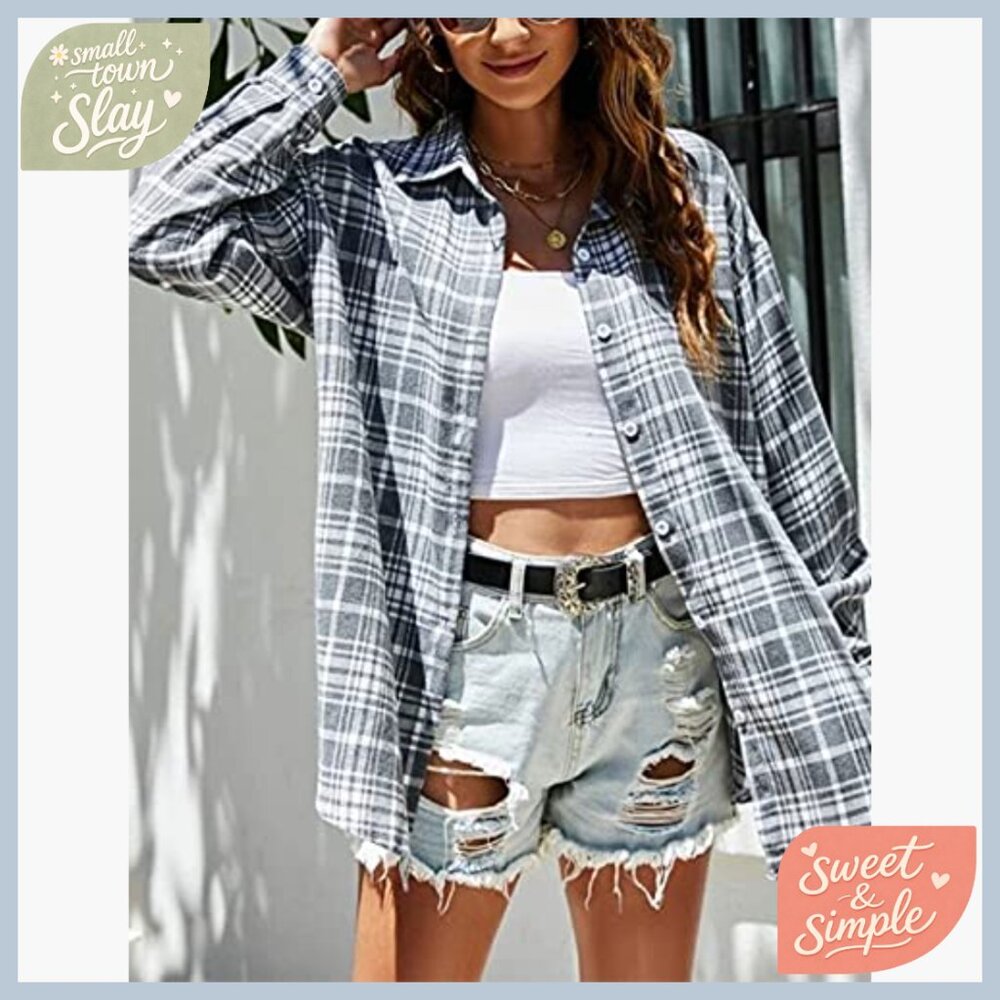 Oversized Flannel Button Down Shirt Long Sleeve Loose Fit Plaid Blouse - Picture 3 of 7